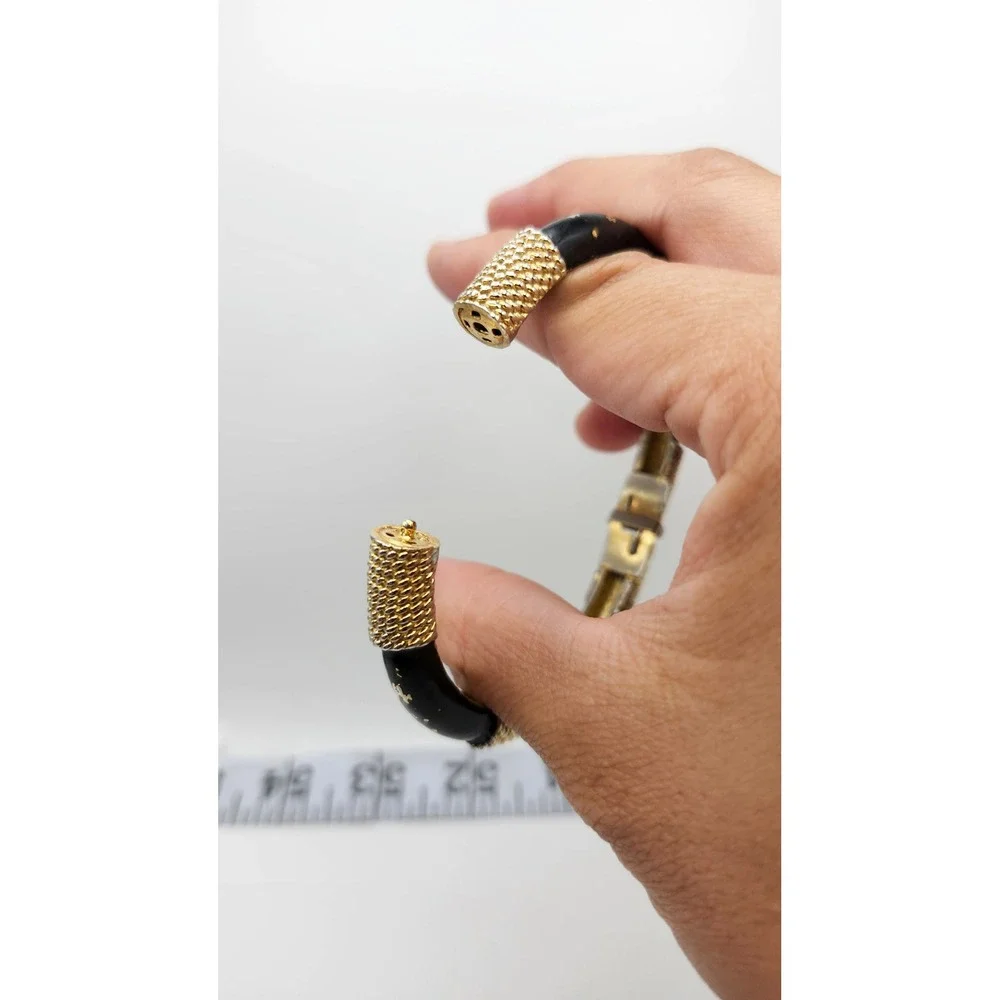 Black Enamel Bangle Bracelet Gold Tone Hinged Textured Panels Statement‎
